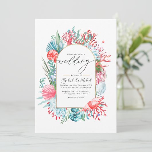 Blauwgroen en koraal kustbestemming bruiloft QR-co Kaart (Staand voorkant)