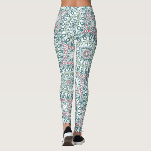 Blauwgroen en Koraal Mandala Patroon Ontwerp Leggings (Achterkant)