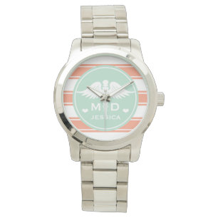 Blauwgroen en koraal Stripe Caduceus Doctor Horloge