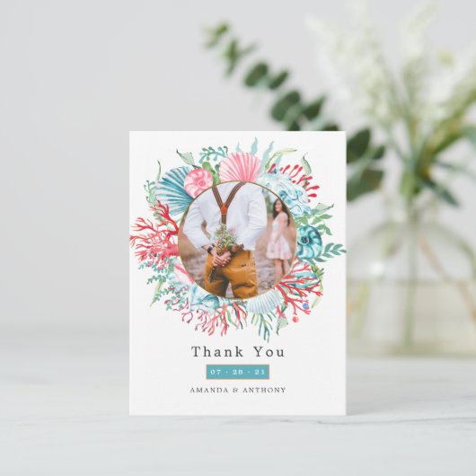 Blauwgroen en Koraal Zomer Strand Bruiloft Briefka Briefkaart (Staand voorkant)