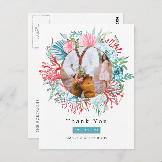 Blauwgroen en Koraal Zomer Strand Bruiloft Briefka Briefkaart (Voorkant / Achterkant)