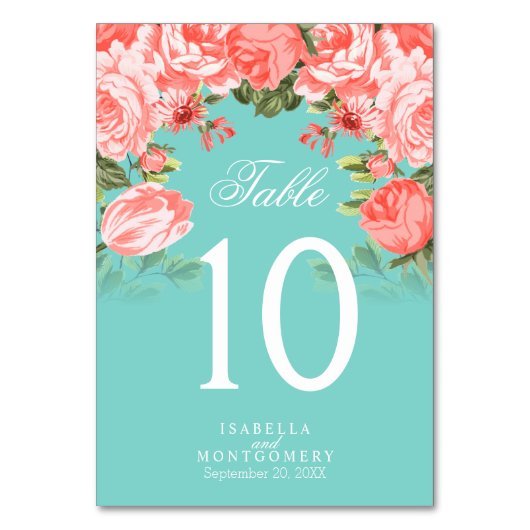 Blauwgroen en koraalbloemen | Tafelkaarten Kaart (Achterkant)