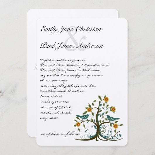 Blauwgroen en koraalliefdesvogels - bruiloft kaart (Voorkant / Achterkant)