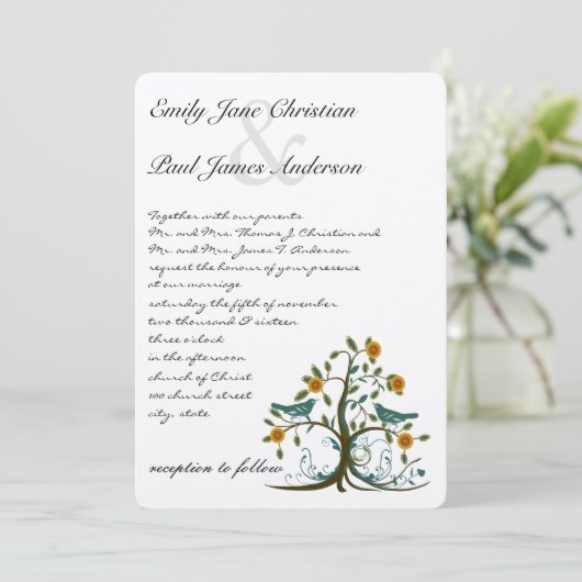 Blauwgroen en koraalliefdesvogels - bruiloft kaart (Staand voorkant)