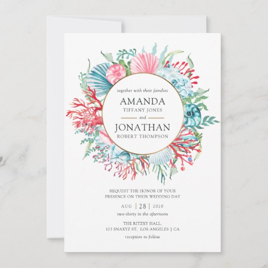 Blauwgroen en koraalzomervakantie kaart (Voorkant)