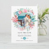 Blauwgroen en koraalzomerwedstrijd foto Save the Save The Date (Staand voorkant)