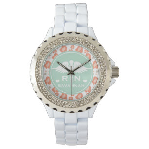 BLAUWGROEN EN KORAL LEOPARD PRINT NURSE RN HORLOGE