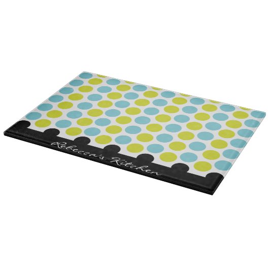 Blauwgroen en langgroene poolpunten op maat snijplank (Hoek)