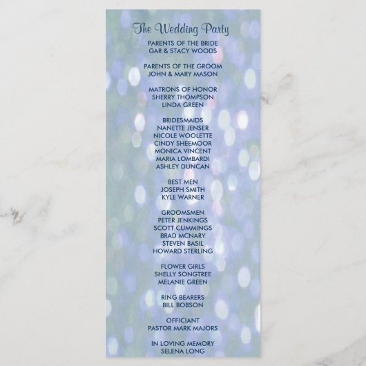 Blauwgroen en lavendel bokeh huwelijksprogramma programmakaart (Achterkant)