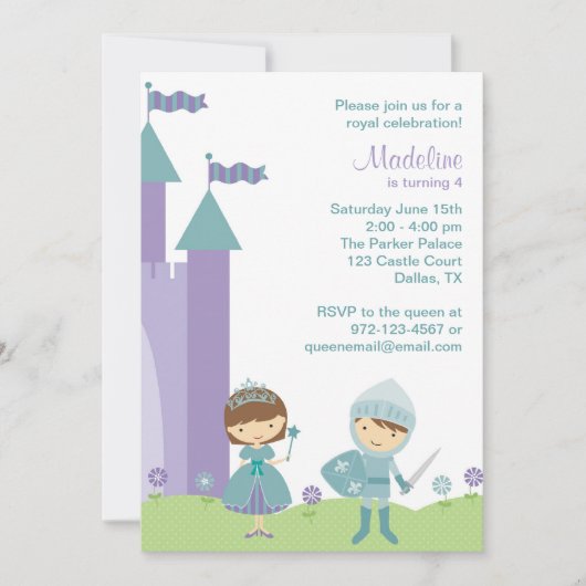 Blauwgroen en Lavender Princess and Knight Invitat Kaart (Voorkant)