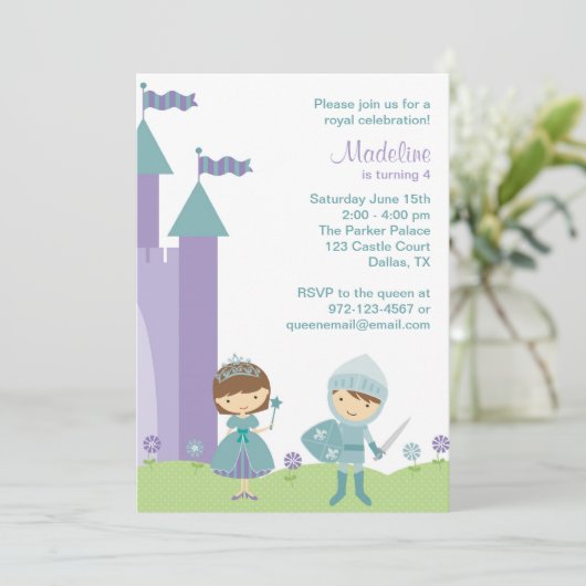 Blauwgroen en Lavender Princess and Knight Invitat Kaart (Staand voorkant)