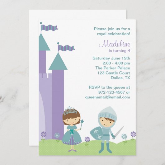 Blauwgroen en Lavender Princess and Knight Invitat Kaart (Voorkant / Achterkant)