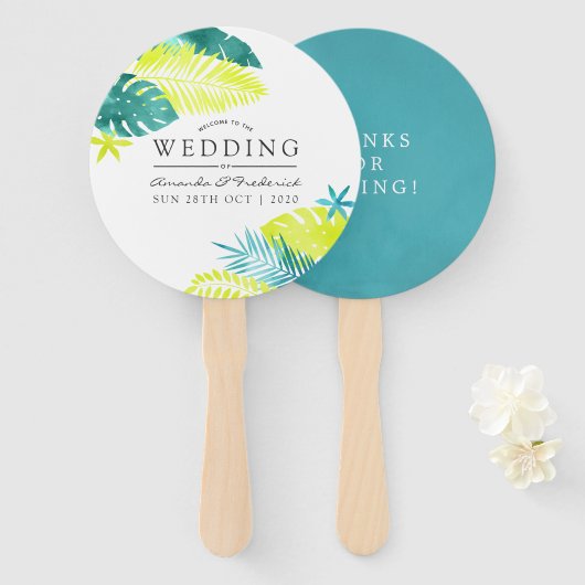 Blauwgroen en Lemon Tropical Wedding Favor Handwaaier (Voorkant en achterkant)