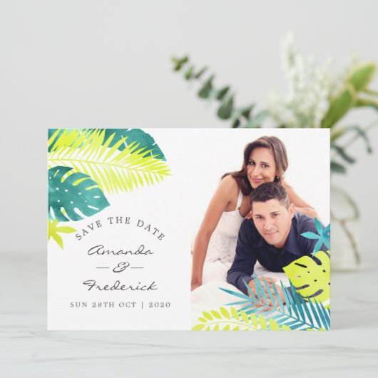 Blauwgroen en Lemon Tropical Wedding Save the Date Kaart (Staand voorkant)