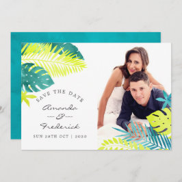 Blauwgroen en Lemon Tropical Wedding Save the Date Kaart