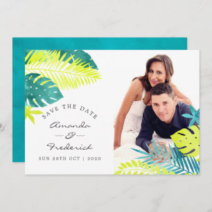 Blauwgroen en Lemon Tropical Wedding Save the Date Kaart