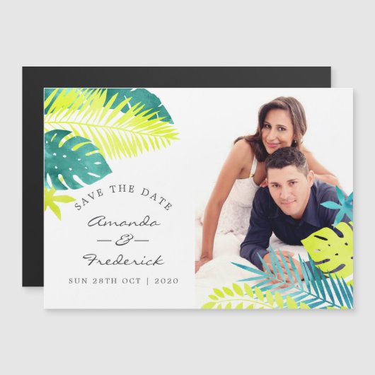 Blauwgroen en Lemon Tropical Wedding Save the Date Magnetische Uitnodiging (Voorkant / Achterkant)