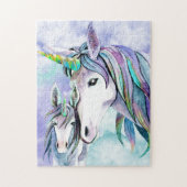 Blauwgroen en Lila Unicorn moeder en kind Legpuzzel (Verticaal)