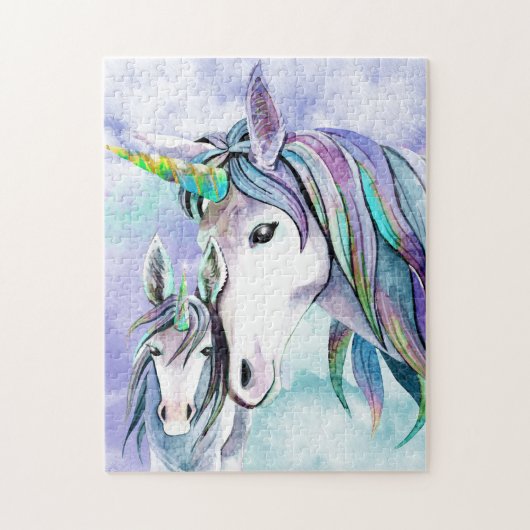 Blauwgroen en Lila Unicorn moeder en kind Legpuzzel (Verticaal)