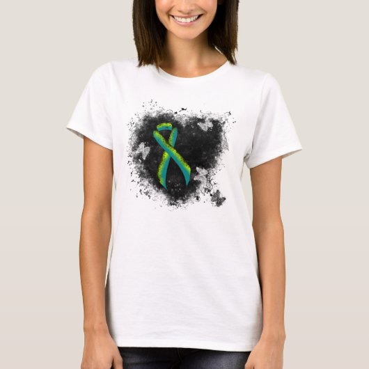 Blauwgroen en lime groen grunge hart t-shirt (Voorkant)