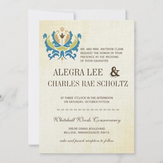 Blauwgroen en Limoen- Damask Modern Chalkboard Uit Kaart (Voorkant)