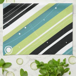 Blauwgroen en Limoen-Modern-Retro Stripes met mono Theedoek