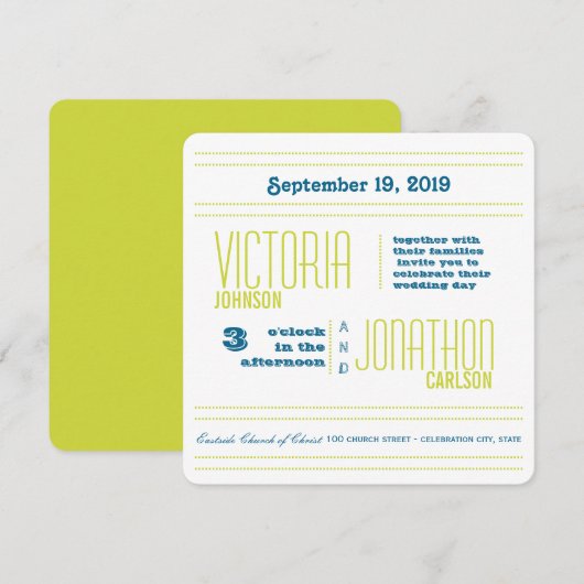 Blauwgroen en Limoen moderne Typografie Wedding Kaart (Voorkant / Achterkant)