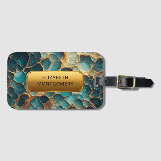 Blauwgroen en luxueus goud met elegante naamplaat bagagelabel (Voorkant (horizontaal))