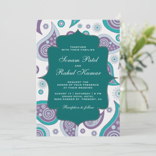 Blauwgroen en Mauve Paisley Pattern Indiase bruilo Kaart (Staand voorkant)