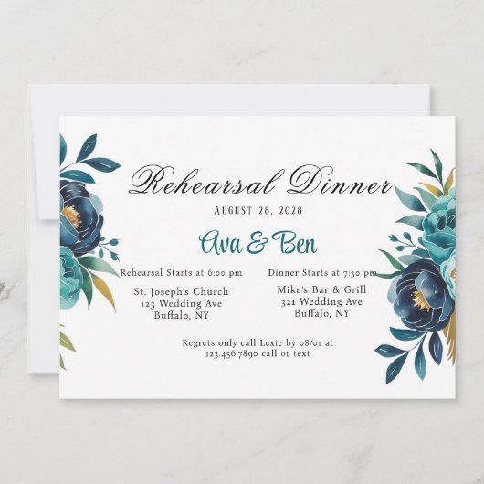 Blauwgroen en Navy Blue Peony repetitie diner Kaart (Voorkant)