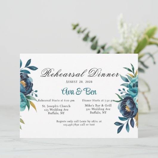 Blauwgroen en Navy Blue Peony repetitie diner Kaart (Staand voorkant)