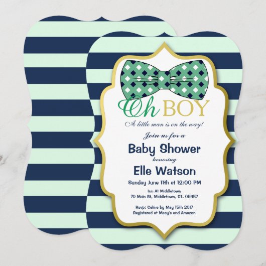 Blauwgroen en Navy Bowtie Baby Shower Uitnodiginge Kaart (Voorkant / Achterkant)