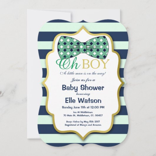 Blauwgroen en Navy Bowtie Baby Shower Uitnodiginge Kaart (Voorkant)