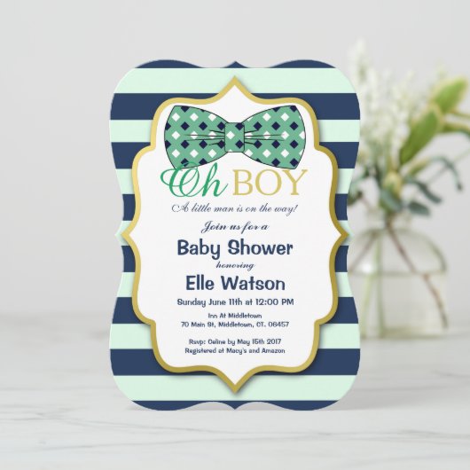 Blauwgroen en Navy Bowtie Baby Shower Uitnodiginge Kaart (Staand voorkant)
