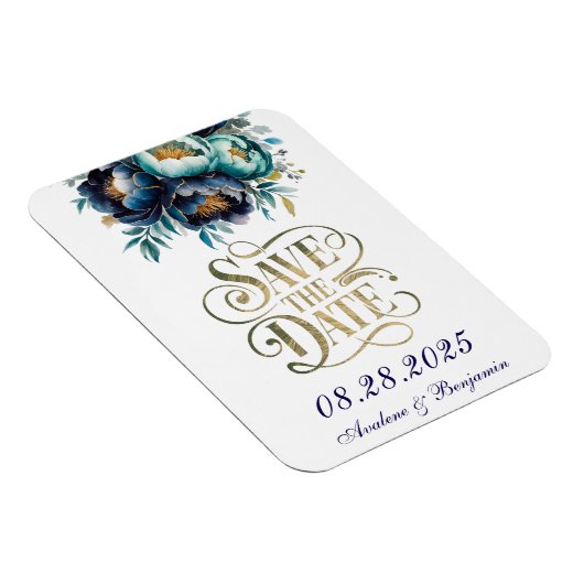 Blauwgroen en Navy Peony Gold Save The Date Magneet (Rechterzijde)
