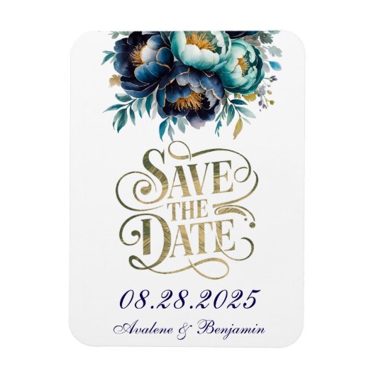 Blauwgroen en Navy Peony Gold Save The Date Magneet (Verticaal)