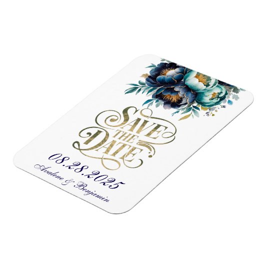 Blauwgroen en Navy Peony Gold Save The Date Magneet (Linkerzijde)