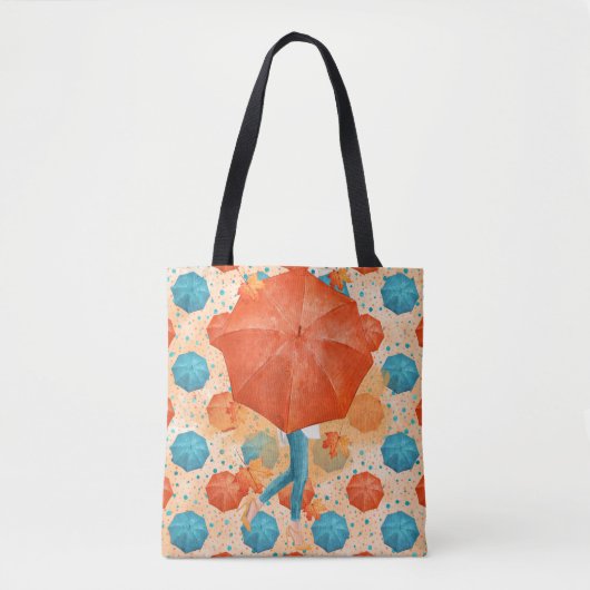 BLAUWGROEN EN ORANJE AUTUMN UMBRELLAS MET VROUW TOTE BAG (Voorkant)