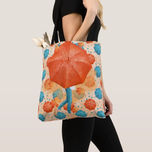 BLAUWGROEN EN ORANJE AUTUMN UMBRELLAS MET VROUW TOTE BAG (Dichtbij)