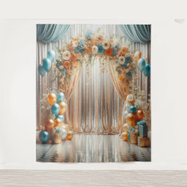  Blauwgroen en Oranje Bloemballon Boog Hangen Wandkleed