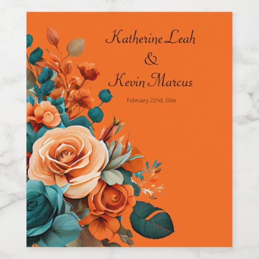 Blauwgroen en Oranje bloemenbruiloft Wijn Etiket (Enkel label)