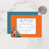 Blauwgroen en Oranje Bloemenhuwelijk RSVP Notitiekaartje (Voorkant / Achterkant in situ)