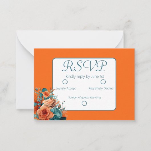 Blauwgroen en Oranje Bloemenhuwelijk RSVP Notitiekaartje (Voorkant)