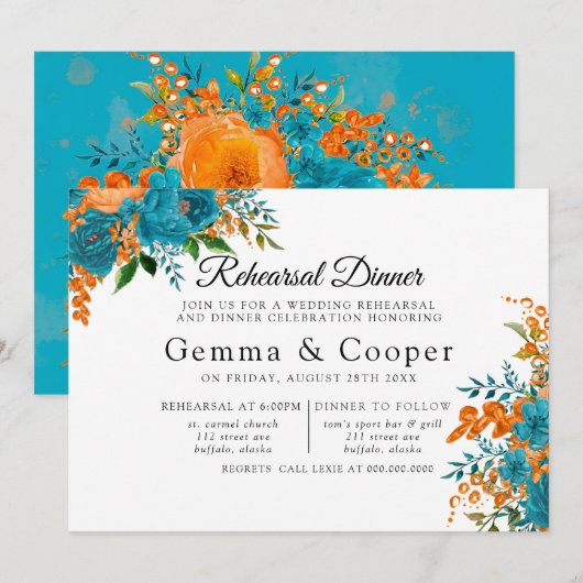 Blauwgroen en Oranje Elegant Florals repetitief Di Kaart (Voorkant / Achterkant)