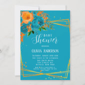Blauwgroen en Oranje Florals Gold Baby shower Kaart (Voorkant)