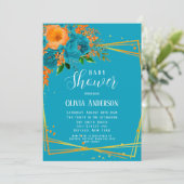Blauwgroen en Oranje Florals Gold Baby shower Kaart (Staand voorkant)