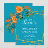 Blauwgroen en Oranje Florals Gold Baby shower Kaart (Voorkant / Achterkant)