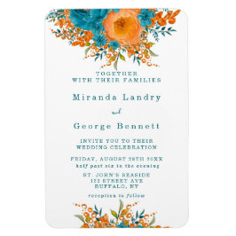 Blauwgroen en Oranje gekleurde Florals Wedding Inv Magneet