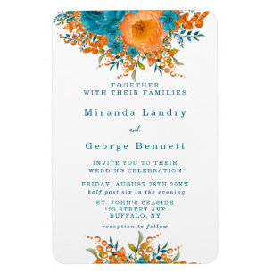 Blauwgroen en Oranje gekleurde Florals Wedding Inv Magneet