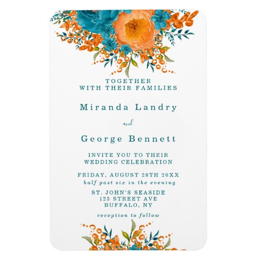 Blauwgroen en Oranje gekleurde Florals Wedding Inv Magneet (Verticaal)